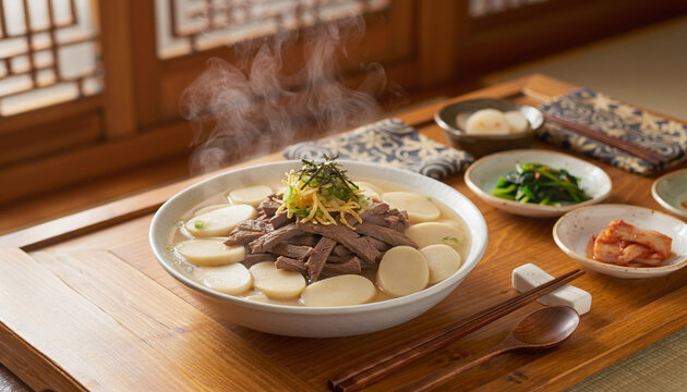 Authentic Tteokguk in traditional Korean table setting, wooden chopsticks, ceramic dishes, cultural dining experience. suitable for food menus, asian cuisine websites, and restaurant promotional mater