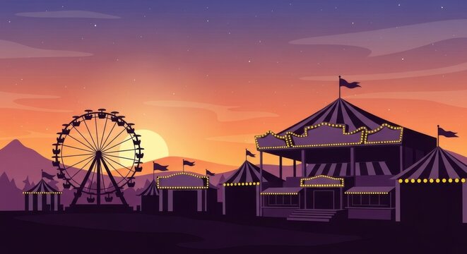 Amusement park and carnival tents vector illustration at sunset with ferris wheel silhouette and beautiful orange sky background.