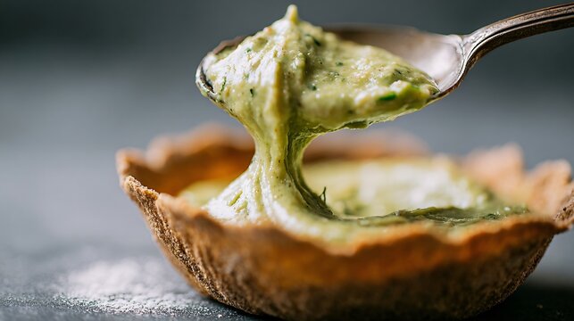 A macro shot of guacamole being spooned into a taco shell, showing creamy texture and natural green tones under soft lighting