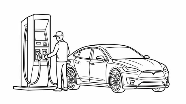 Line art perspective drawing vector collection of smart city architecture entourage elements with luxury electric car and supercharger station