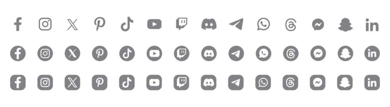 Social Network Logos 2026. Vector Set with Facebook, Instagram, X, TikTok, YouTube, Discord, Telegram, WhatsApp, Threads, Snapchat, LinkedIn, Pinterest, Messenger and Twitch Icons editorial set 