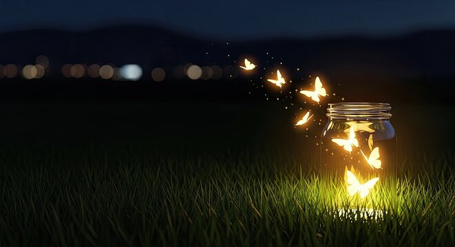 Glowing butterflies escaping from a mason jar in a field at night