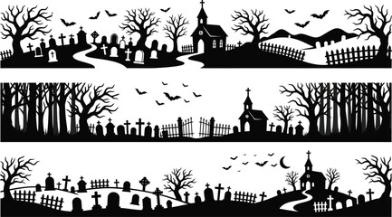 Fototapeta premium Black silhouette of a spooky graveyard with trees, bats, and a church on isolated white background for halloween