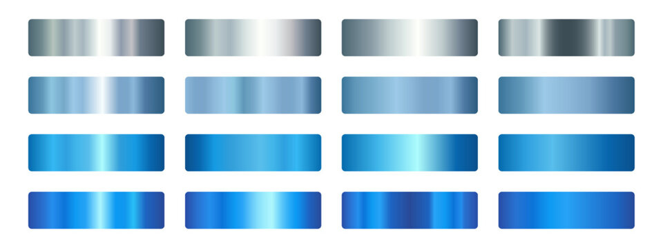 Shiny blue gradient metal textures set. Chrome foil backgrounds with silver ribbons, decorative borders and glossy navy steel patterns. Elegant luxury templates for contemporary graphic projects.