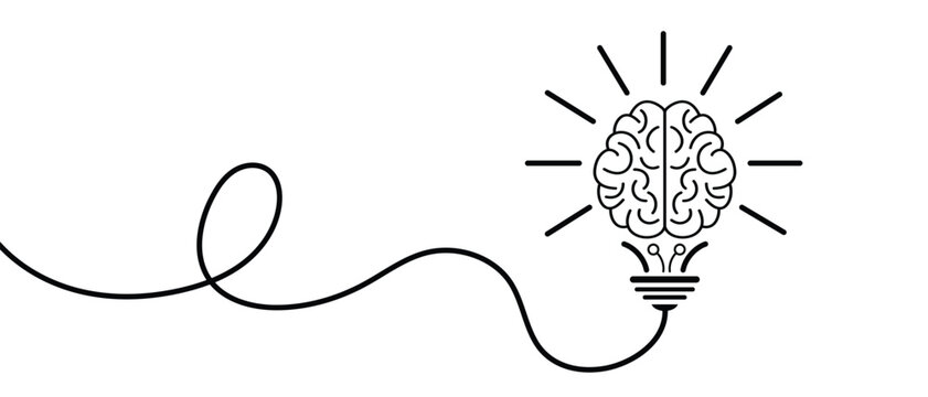 Minimalist continuous line drawing of a glowing brain light bulb. Metaphor for creativity, logic, innovation, intellectual insight, and ideas.