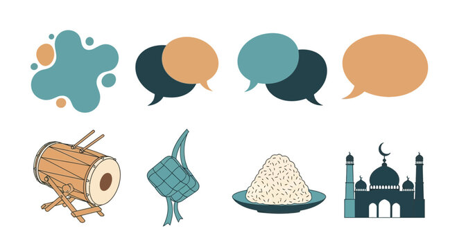 Islamic symbols vector illustration set mosque drum ketupat and speech bubbles