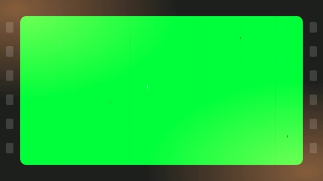 Animated retro film projector frame with flickering dust, scratches, and light leaks on a green screen chroma key bg, ideal for creating a vintage analog movie overlay effect in post-production