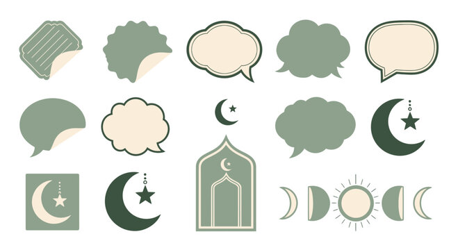 Islamic themed vector illustration featuring speech bubbles and moon phases