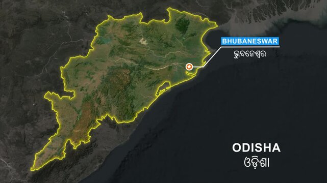 Odisha state map highlight animation, Pointing the capital Bhubaneswar in a star marker and label text, Location Visualization, outline glowing, geographic and political map