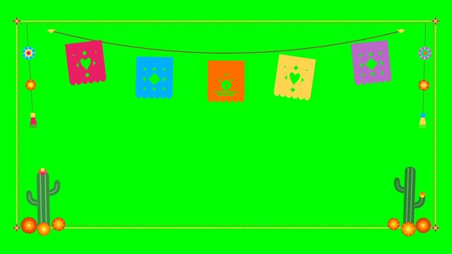 Mexican Festive Border with Papel Picado and Cactus on Green Screen
