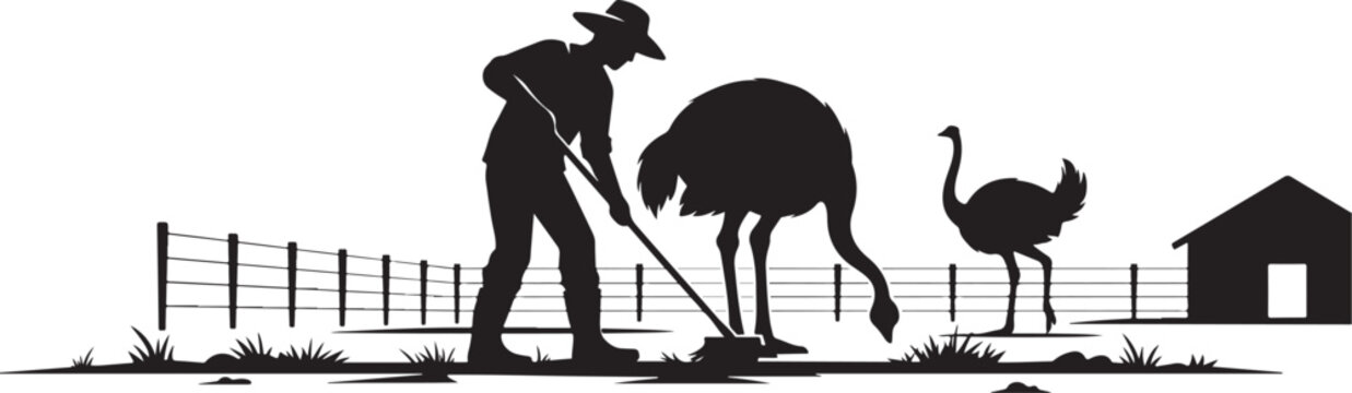 Black silhouette of man digging with ostriches and farm fence