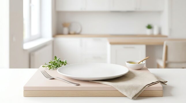 empty white plate on wooden board with fork and herbs in kitchen mockup for menu or healthy food display presentation
