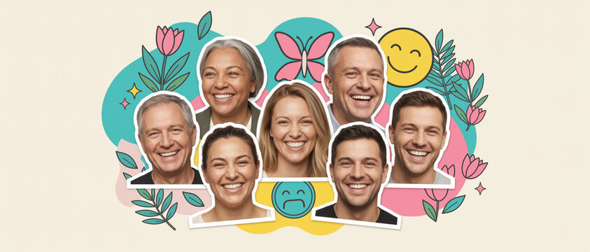 emotion happiness expression concept. Diverse group of smiling people with colorful floral and emoji background representing happiness and connection.