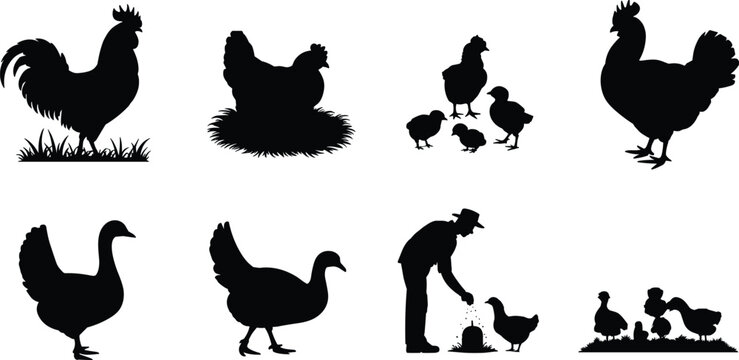 Black Silhouette Vector Illustrations of Farm Animals Including Rooster, Hen, Chicks, Goose, and Farmer Feeding Birds