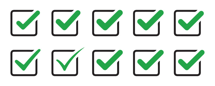 Collection of green check mark icons in square boxes with black outlines for web applications.