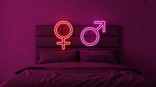 Neon gender symbols glowing above bed representing identity and equality