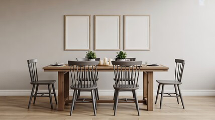 Fototapeta premium Modern dining room interior with wooden table chairs and decor