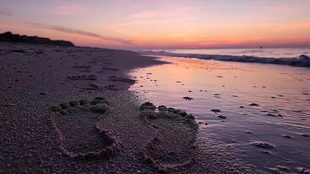 Footprints in the sand lead along a tranquil beach at sunset, with gentle waves lapping at the shore and a colorful sky reflecting warm hues of orange and purple
