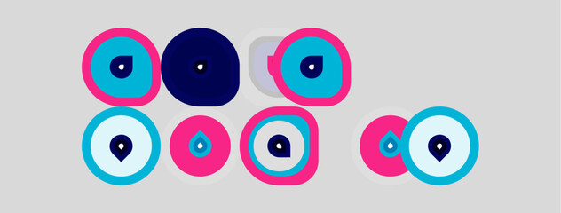 Fototapeta premium Colorful eye symbols arranged on light gray background. Various shades, pinks, blues dominate design. Simple, geometric shapes present.