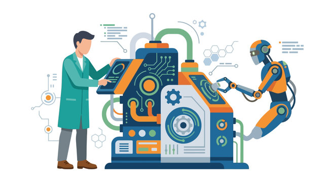 Flat vector illustration of a male engineer in a teal lab coat and a robotic assistant operating a complex industrial machine with circuit patterns and digital control panels.