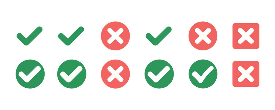 Check mark and cross icons collection for voting and verification on transparent background.
