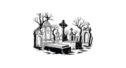 Obraz premium Black and white illustration cemetery scene.