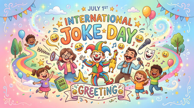 International joke day celebration with jester and people having fun, laughter