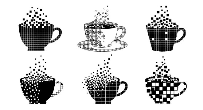 Pixelated coffee cup silhouettes with digital disintegration effect vector collection showing vapor squares rising from black and white mugs on white background