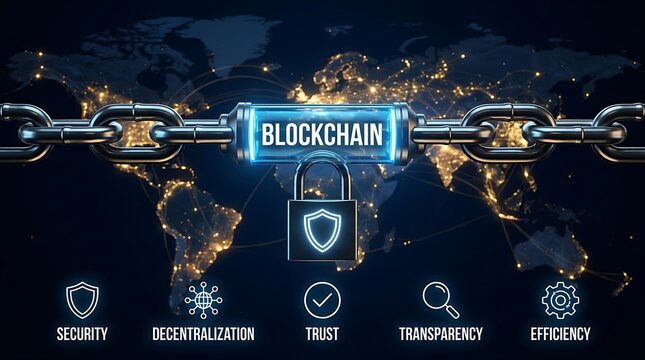 Global Blockchain Security Concept: Decentralized Network Protection with Padlock, Chain Links, and World Map Lights for Digital Trust and Efficiency