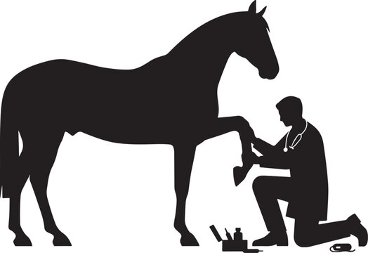 Black silhouette of man trimming horse hoof with tools