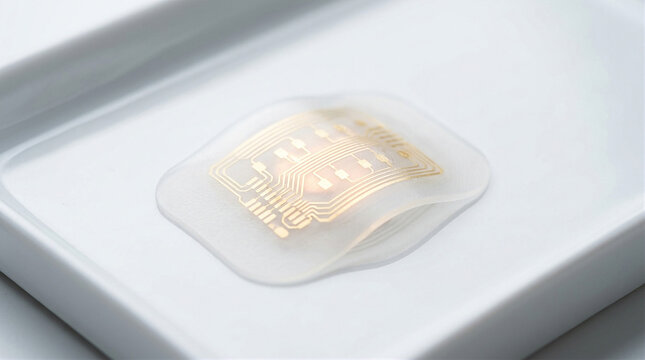 Translucent Wearable Biosensor Patch on Sterile White Medical Tray