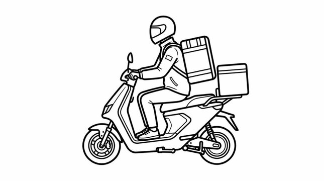 Line art elevation drawing vector collection of urban transit architecture entourage elements with courier riding delivery scooter
