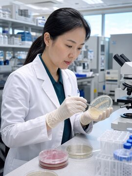 Generative AI, Asian female microbiologist analyzing fungal or bacterial cultures in a petri dish inside a laboratory