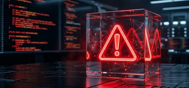 Glowing red alert symbol inside a transparent cube representing cybersecurity threats and system warnings for digital security.