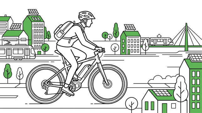 Line art elevation drawing vector collection of sustainable architecture entourage elements with smart green city skyline and e-bike cyclist