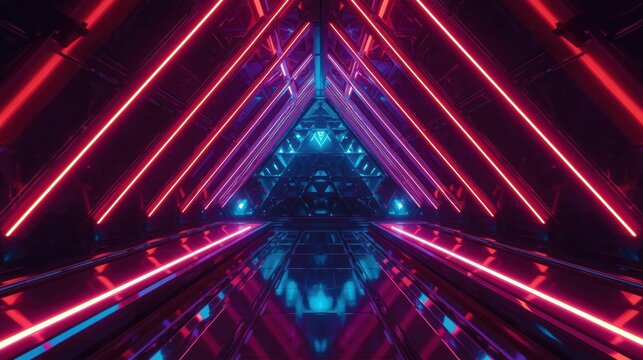 Abstract neon tunnel with glowing red triangle lines and blue futuristic lights in dark space design