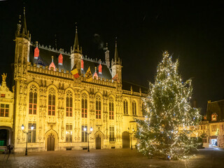Obraz premium Bruges Town Hall and Christmas Tree at Night