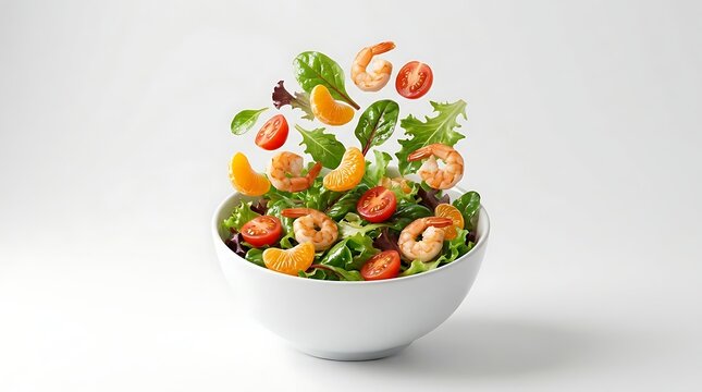 Shrimp salad with citrus and mixed greens in white bowl floating ingredients