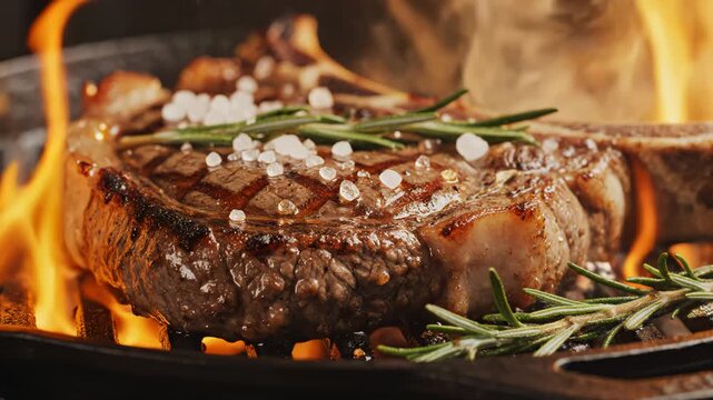 Grilled steak with flames and herbs