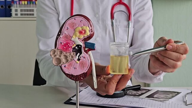 Doctor explains kidney function and shows urine sample to a patient in medical office