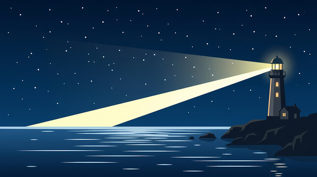Vector illustration of a lighthouse shining a bright beam of light over the calm sea under a starry night sky