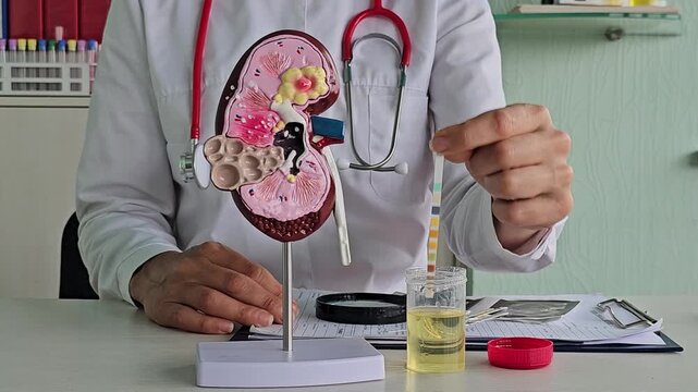 Medical professional explains kidney function using a model in a clinic setting and demonstrates urine test strips