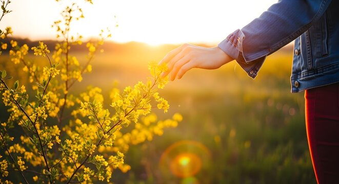 Golden Hour Sunlight, Gentle Touch on Blooming Yellow Flowers, Serene Meadow Landscape, Nature's Beauty