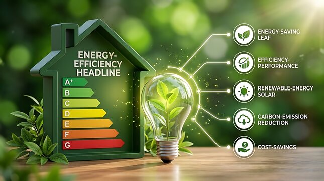 Illustrative concept of sustainable energy efficiency for homes and businesses showcasing cost savings and carbon reduction benefits