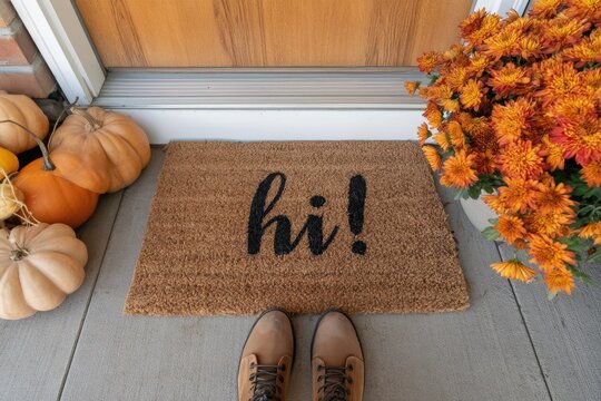 The doormat greeting visitors on a cozy autumn porch with pumpkins and chrysanthemums
