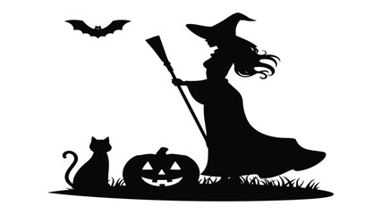 Witch silhouette stands with a broomstick near a black cat and a carved pumpkin under a flying bat. © Sami