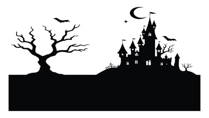 Castle silhouette stands on a hill under a crescent moon with a bare spooky tree and flying bats nearby. © Sami