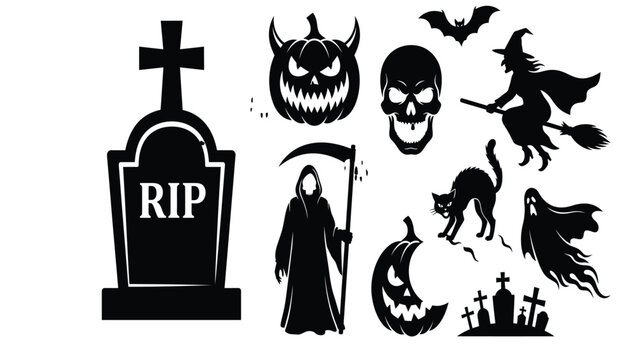 Halloween icons featuring a tombstone, skull, grim reaper, witch, cat, and ghost are arranged in a collection for seasonal design projects.