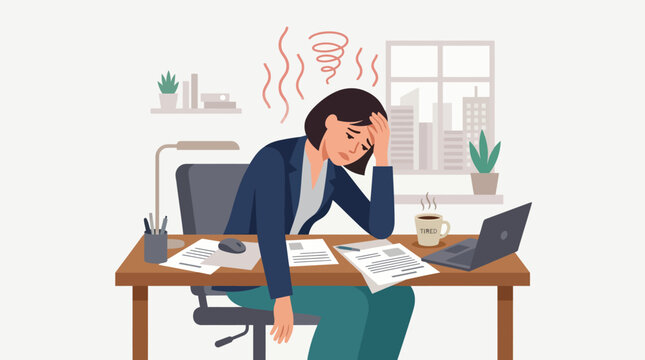 Overwhelmed office worker at a desk cluttered with papers and laptop, illustrating workplace stress and focus under deadline pressure.