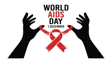 Fototapeta premium Hands holding a red awareness ribbon represent global solidarity during World AIDS Day awareness events.